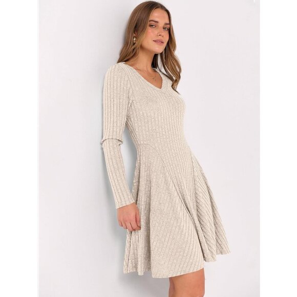Women's Long Sleeve Ribbed Knit Short Dresses V Neck Swing Sweater Dress Beige - Picture 5 of 7